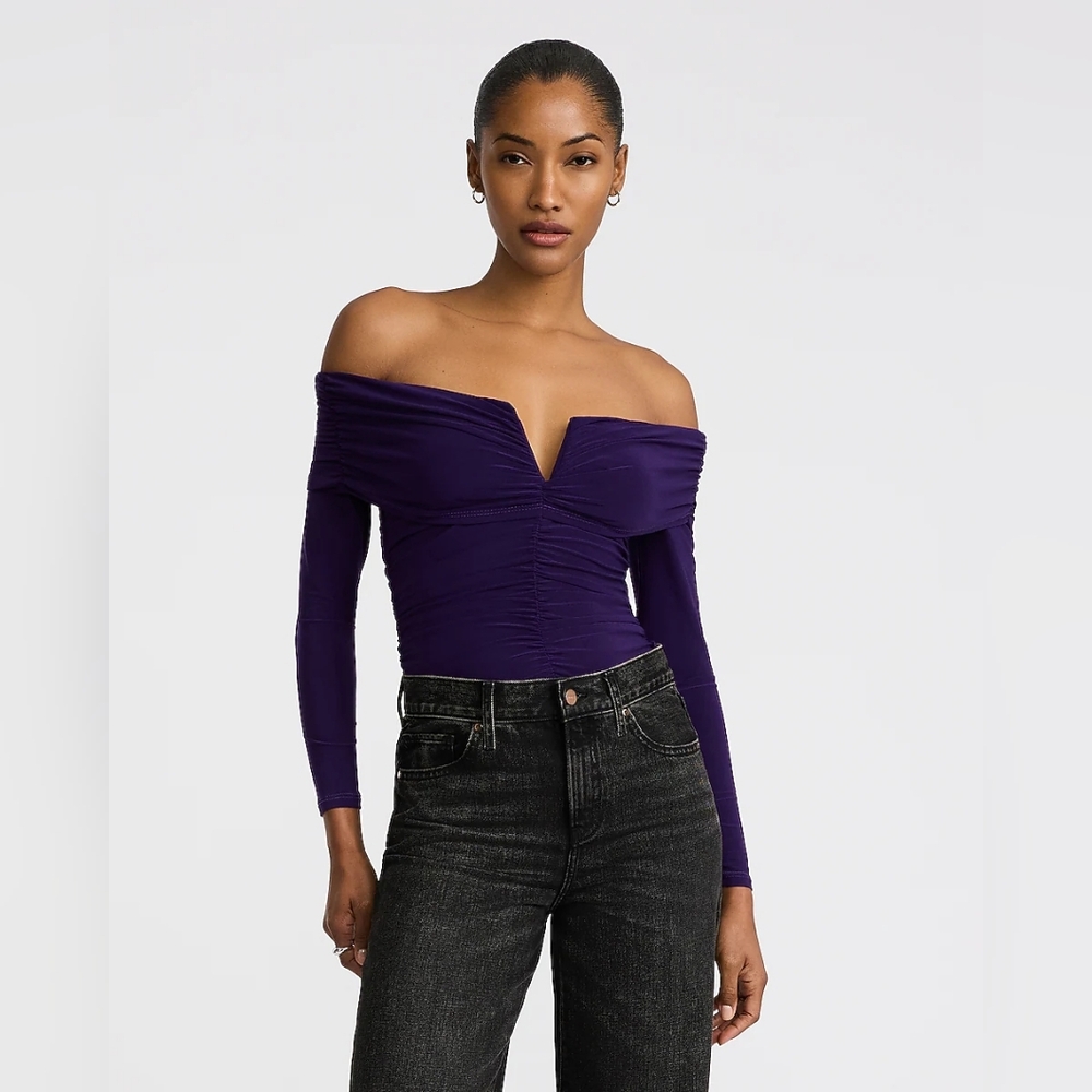 NWT Express Off-Shoulder Ruched Long-Sleeve Top in Purple